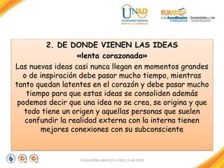 2. DE DONDE VIENEN LAS IDEAS
«lenta corazonada»
Las nuevas ideas casi nunca llegan en momentos grandes
o de inspiración debe pasar mucho tiempo, mientras
tanto quedan latentes en el corazón y debe pasar mucho
tiempo para que estas ideas se consoliden además
podemos decir que una idea no se crea, se origina y que
todo tiene un origen y aquellas personas que suelen
confundir la realidad externa con la interna tienen
mejores conexiones con su subconsciente
FI-GQ-GCMU-004-015 V. 001-17-04-2013
 
