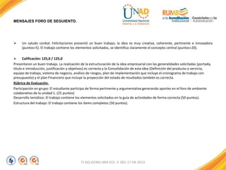 MENSAJES FORO DE SEGUIENTO.
 Un saludo cordial. Felicitaciones presentó un buen trabajo; la idea es muy creativa, coherente, pertinente e innovadora
(puntos=5). El trabajo contiene los elementos solicitados, se identifica claramente el concepto central (puntos=20).
 Calificación: 125,0 / 125,0
Presentaron un buen trabajo. La realización de la estructuración de la idea empresarial con las generalidades solicitadas (portada,
título e introducción, justificación y objetivos) es correcta y la Consolidación de esta idea (Definición del producto o servicio,
equipo de trabajo, sistema de negocio, análisis de riesgos, plan de implementación que incluye el cronograma de trabajo con
presupuesto) y el plan Financiero que incluye la proyección del estado de resultados también es correcta.
Rúbrica de Evaluación.
Participación en grupo: El estudiante participo de forma pertinente y argumentativa generando aportes en el foro de ambiente
colaborativo de la unidad 1. (25 puntos)
Desarrollo temático: El trabajo contiene los elementos solicitados en la guía de actividades de forma correcta (50 puntos).
Estructura del trabajo: El trabajo contiene los ítems completos (50 puntos).
FI-GQ-GCMU-004-015 V. 001-17-04-2013
 