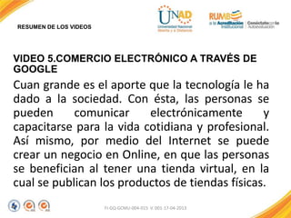 RESUMEN DE LOS VIDEOS
VIDEO 5.COMERCIO ELECTRÓNICO A TRAVÉS DE
GOOGLE
Cuan grande es el aporte que la tecnología le ha
dado a la sociedad. Con ésta, las personas se
pueden comunicar electrónicamente y
capacitarse para la vida cotidiana y profesional.
Así mismo, por medio del Internet se puede
crear un negocio en Online, en que las personas
se benefician al tener una tienda virtual, en la
cual se publican los productos de tiendas físicas.
FI-GQ-GCMU-004-015 V. 001-17-04-2013
 