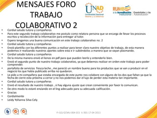 MENSAJES FORO
TRABAJO
COLABORATIVO 2
FI-GQ-GCMU-004-015 V. 001-17-04-2013
• Cordial saludo tutora y compañeros
• Para este segundo trabajo colaborativo me postulo como relatora persona que se encarga de llevar los procesos
escritos y recolección de la información para entregar al tutor.
• Espero tengamos una buena comunicación en este trabajo colaborativo no. 2
• Cordial saludo tutora y compañeras
• Envió plantilla con los diferentes puntos a realizar para tener claro nuestro objetivo de trabajo, de esta manera
podemos ir realizando nuestros aportes sobre esta e ir subiéndolos a manera que se vayan plasmando.
• Cordial saludo tutora y compañeros
• De la misma manera envió el lienzo en pdf para que pueden leerlo y entenderlo bien.
• Envió el segundo punto de nuestro trabajo colaborativo, ya que debemos realizar en orden este trabajo para poder
comprender.
• portafolio de servicios fresca leche , me pareció un nombre bueno para los productos que se van a producir en el
negocio los que había publicado arriba no quedaron.
• Le pido a mi compañera que estaba encargada de este punto nos colabore con alguno de los dos que faltan ya que la
fecha de cierre esta próxima a cerrar y no nos podemos dar el lujo de perder esta materia tan importante.
• Cordial saludo tutora y compañeras
• Envió el resultado de nuestro trabajo , si hay alguna ajuste que crean conveniente por favor lo comunican.
• De otro modo lo estaré enviando en el ling adecuado para su adecuada calificación.
• Gracias
• Cordialmente
• Leidy Yohanna Silva Cely
 