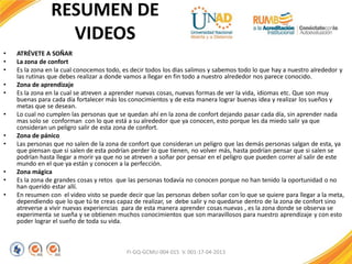 RESUMEN DE
VIDEOS
• ATRÉVETE A SOÑAR
• La zona de confort
• Es la zona en la cual conocemos todo, es decir todos los dias salimos y sabemos todo lo que hay a nuestro alrededor y
las rutinas que debes realizar a donde vamos a llegar en fin todo a nuestro alrededor nos parece conocido.
• Zona de aprendizaje
• Es la zona en la cual se atreven a aprender nuevas cosas, nuevas formas de ver la vida, idiomas etc. Que son muy
buenas para cada día fortalecer más los conocimientos y de esta manera lograr buenas idea y realizar los sueños y
metas que se desean.
• Lo cual no cumplen las personas que se quedan ahí en la zona de confort dejando pasar cada día, sin aprender nada
mas solo se conforman con lo que está a su alrededor que ya conocen, esto porque les da miedo salir ya que
consideran un peligro salir de esta zona de confort.
• Zona de pánico
• Las personas que no salen de la zona de confort que consideran un peligro que las demás personas salgan de esta, ya
que piensan que si salen de esta podrían perder lo que tienen, no volver más, hasta podrían pensar que si salen se
podrían hasta llegar a morir ya que no se atreven a soñar por pensar en el peligro que pueden correr al salir de este
mundo en el que ya están y conocen a la perfección.
• Zona mágica
• Es la zona de grandes cosas y retos que las personas todavía no conocen porque no han tenido la oportunidad o no
han querido estar allí.
• En resumen con el video visto se puede decir que las personas deben soñar con lo que se quiere para llegar a la meta,
dependiendo que lo que tú te creas capaz de realizar, se debe salir y no quedarse dentro de la zona de confort sino
atreverse a vivir nuevas experiencias para de esta manera aprender cosas nuevas , es la zona donde se observa se
experimenta se sueña y se obtienen muchos conocimientos que son maravillosos para nuestro aprendizaje y con esto
poder lograr el sueño de toda su vida.
FI-GQ-GCMU-004-015 V. 001-17-04-2013
 