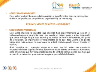 • ¿QUE ES LA INNOVACION?
En el video se describe que es la innovación, y los diferentes tipos de innovación,
es decir, de productos, de procesos, organizativa y de marketing.
RESUMEN VIDEOS DE APOYO – UNIDAD N°2
• SOLUCION DE PROBLEMAS
Este video muestra la realidad que muchos han experimentado ya sea en el
trabajo o hasta en su propia casa , por no dar el primer paso y estar esperando
que otros lo haga lo que toca asumir y se olvida de lo más importante, ser parte
de la solución. Es importante ser responsable de lo que toca , pero si se puede
hacer algo más aunque no nos toque se estará contribuyendo con el trabajo en
equipo,.
Aquí muestra un ejemplo respecto a que muchas veces no asumimos
responsabilidades supuestamente porque no están dentro de nuestras funciones,
pero olvidamos que hay responsabilidades de sentido común en las que hay que
actuar sin previo aviso y aunque no tengas responsabilidad directa.
FI-GQ-GCMU-004-015 V. 001-17-04-2013
 