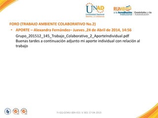 FORO (TRABAJO AMBIENTE COLABORATIVO No.2)
• APORTE – Alexandra Fernández– Jueves ,24 de Abril de 2014, 14:56
Grupo_201512_145_Trabajo_Colaborativo_2_AporteIndividual.pdf
Buenas tardes a continuación adjunto mi aporte individual con relación al
trabajo
FI-GQ-GCMU-004-015 V. 001-17-04-2013
 