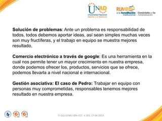 Solución de problemas: Ante un problema es responsabilidad de
todos, todos debemos aportar ideas, así sean simples muchas veces
son muy fructíferas, y el trabajo en equipo se muestra mejores
resultado,
Comercio electrónico a través de google: Es una herramienta en la
cual nos permite tener un mayor crecimiento en nuestra empresa,
donde podemos ofrecer los, productos, servicios que se ofrece,
podemos llevarla a nivel nacional e internacional.
Gestión asociativa: El caso de Pedro: Trabajar en equipo con
personas muy comprometidas, responsables tenemos mejores
resultado en nuestra empresa.
FI-GQ-GCMU-004-015 V. 001-17-04-2013
 