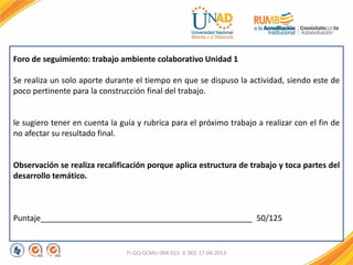 FI-GQ-GCMU-004-015 V. 001-17-04-2013
Foro de seguimiento: trabajo ambiente colaborativo Unidad 1
Se realiza un solo aporte durante el tiempo en que se dispuso la actividad, siendo este de
poco pertinente para la construcción final del trabajo.
le sugiero tener en cuenta la guía y rubrica para el próximo trabajo a realizar con el fin de
no afectar su resultado final.
Observación se realiza recalificación porque aplica estructura de trabajo y toca partes del
desarrollo temático.
Puntaje________________________________________________ 50/125
a
 