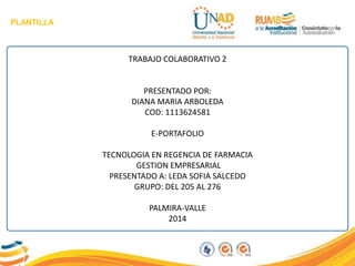 PLANTILLA
TRABAJO COLABORATIVO 2
PRESENTADO POR:
DIANA MARIA ARBOLEDA
COD: 1113624581
E-PORTAFOLIO
TECNOLOGIA EN REGENCIA DE FARMACIA
GESTION EMPRESARIAL
PRESENTADO A: LEDA SOFIA SALCEDO
GRUPO: DEL 205 AL 276
PALMIRA-VALLE
2014
 