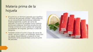 Materia prima de la
hojuela
 El surimi es un término japonés que significa
“músculo de pescado picado”. Este producto
es un concentrado de proteínas obtenido
tradicionalmente a partir de carne de
pescado. El surimi se emplea como materia
prima para elaborar distintos productos de
interés comercial como palitos de cangrejo,
sucedáneos de angulas, gambas o colas de
langosta.
 También existe el surimi a base de carne de
cerdo, vacuno y pavo, sin embargo, estos aún
se siguen desarrollando y todavía no han
alcanzado tanta popularidad como el surimi
de pescado.
 