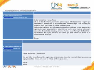 Re: Trabajo AmbienteColaborativo No.1
de MARTA XIMENA SILVA - jueves, 20 de marzo de 2014, 20:01
Cordial saludo tutor y compañeros
Esta es mi idea de empresa, espero sus opiniones pues el trabajo es largo y sugiero que
empecemos a desarrollarlo, ya que entre todos podemos llegar a un acuerdo para
escoger la mejor idea y hacer un trabajo lo mejor posible.
Implementar una Planta para el Procesamiento de leche cruda que Incluye la planta para
higienización, para pulverización u obtención de Leche como materia prima para
elaboración de derivados lácteos y consumo humano en el Municipio de Betéitiva –
Departamento de Boyacá, teniendo En cuenta que este sistema no existe en la
Jurisdicciónn del Municipio.
Gracias
FI-GQ-GCMU-004-015 V. 001-17-04-2013
Re: Trabajo AmbienteColaborativo No.1
de MARTA XIMENA SILVA - miércoles, 26 de
marzo de 2014, 14:33
Cordial saludo tutor y compañeros
Veo que todos tienen buenas idas, sugiero que empecemos a desarrollar nuestro trabajo ya que es muy
largo y se acaba el tiempo para hacer un trabajo con las mejores ideas.
Gracias
animo
•Contenido temático ambientes colaborativos
 