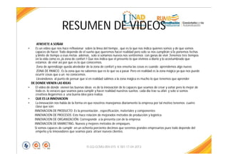 RESUMEN DE VIDEOS
ATREVETE A SOÑAR
• Es un video que nos hace reflexionar sobre la línea del tiempo , que es la que nos indica quienes somos y de que somos
capaces de hacer. Todo depende de el sueño que queremos hacer realidad pero solo se nos cumplirán si le ponemos fechas
y limite de tiempo a esas metas además, solo si soñamos nuevos nos sentiremos con ganas de vivir ,Tenemos tres tiempos
en la vida como es ¡la zona de confort ! Que nos indica que el presente lo que vivimos a diario y lo acostumbrado que
estamos de vivir asi por que es lo que conocemos.
Zona de aprendizaje queda alrededor de la zona de confort y nos enseña las cosas es cuando aprendemos algo nuevo.
ZONA DE PANICO . Es la zona que no sabemos que es lo que va a pasar. Pero en realidad es la zona mágica ya que nos puede
ocurrir cosas que a un no conocemos.
Llevándonos al punto de pensar que si en realidad salimos a la zona mágica es mucho lo que tenemos que aprender
DE DONDE VIENEN LAS IDEAS
• El video de donde vienen las buenas ideas es de la innovación de lo capaces que seamos de crear y soñar pero lo mejor de
todo es lo veraces que seamos para cumplir y hacer realidad nuestros sueños; cada día trae su afán y solo si somos
creativos llegaremos a una buena idea para realiza.
• QUE ES LA INNOVACION
• La innovación nos habla de la forma en que nosotros manejamos diariamente la empresa por tal motivo tenemos cuatro
clase que son:
INNOVACION DE PRODUCTO :Es la presentación , especificación, materiales y componentes
INNOVACION DE PROCESOS :Este hace relación de mejorados métodos de producción y logística.
INNOVACION DE ORGANIZACIÓN: Corresponde a la presenta con de la empresa.
INNOVACION DE MARKETING: Nuevos y mejores métodos de empaques.
Si somos capaces de cumplir en un ochenta porciento decimos que seremos grandes empresarios pues todo depende del
empeño y lo innovadores que seamos para atraer nuevos clientes.
FI-GQ-GCMU-004-015 V. 001-17-04-2013
 