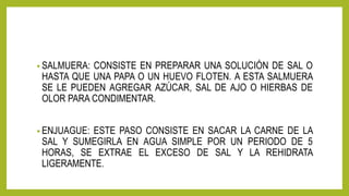 • SALMUERA: CONSISTE EN PREPARAR UNA SOLUCIÓN DE SAL O
HASTA QUE UNA PAPA O UN HUEVO FLOTEN. A ESTA SALMUERA
SE LE PUEDEN AGREGAR AZÚCAR, SAL DE AJO O HIERBAS DE
OLOR PARA CONDIMENTAR.
• ENJUAGUE: ESTE PASO CONSISTE EN SACAR LA CARNE DE LA
SAL Y SUMEGIRLA EN AGUA SIMPLE POR UN PERIODO DE 5
HORAS, SE EXTRAE EL EXCESO DE SAL Y LA REHIDRATA
LIGERAMENTE.
 