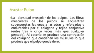 Asustar Pulpo
•La densidad muscular de los pulpos. Las fibras
musculares de los pulpos se encuentran
superpuestas las unas a las otras y reforzadas y
endurecidas por el colágeno y tejido conjuntivo
(entre tres y cinco veces más que cualquier
pescado). Al cocerlo se produce una contracción
del colágeno que contienen los músculos lo que
produce que el pulpo quede duro.
 