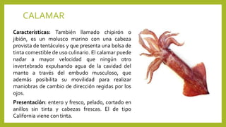 CALAMAR
Características: También llamado chipirón o
jibión, es un molusco marino con una cabeza
provista de tentáculos y que presenta una bolsa de
tinta comestible de uso culinario. El calamar puede
nadar a mayor velocidad que ningún otro
invertebrado expulsando agua de la cavidad del
manto a través del embudo musculoso, que
además posibilita su movilidad para realizar
maniobras de cambio de dirección regidas por los
ojos.
Presentación: entero y fresco, pelado, cortado en
anillos sin tinta y cabezas frescas. El de tipo
California viene con tinta.
 