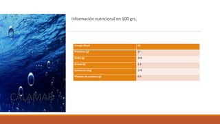 CALAMAR
Información nutricional en 100 grs.
Energía (Kcal) 82
Proteínas (g) 17
Sodio (g) 236
Grasas (g) 1.3
Colesterol (mg) 170
Hidratos de carbono (g) 0.5
 