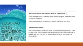 ELABORACI
ÓN DE
CEFALÓPOD
OS
Recepción de los cefalópodos (fase de elaboración 1)
Posibles peligros: Contaminación microbiológica, contaminación
química, parásitos.
Posibles defectos: Productos dañados, materias extrañas.
Orientación técnica:
El establecimiento de elaboración dispondrá de un programa para
inspeccionar los cefalópodos en el momento de su captura o de su
llegada a la fábrica. Sólo se aceptarán productos sanos para la
elaboración.
 
