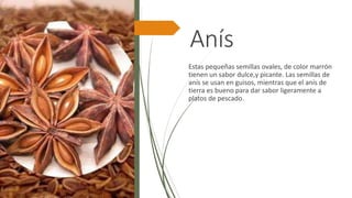 Anís
Estas pequeñas semillas ovales, de color marrón
tienen un sabor dulce,y picante. Las semillas de
anís se usan en guisos, mientras que el anís de
tierra es bueno para dar sabor ligeramente a
platos de pescado.
 