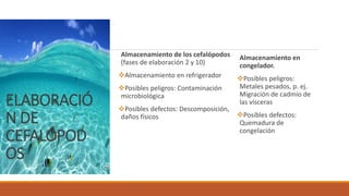ELABORACIÓ
N DE
CEFALÓPOD
OS
Almacenamiento de los cefalópodos
(fases de elaboración 2 y 10)
Almacenamiento en refrigerador
Posibles peligros: Contaminación
microbiológica
Posibles defectos: Descomposición,
daños físicos
Almacenamiento en
congelador.
Posibles peligros:
Metales pesados, p. ej.
Migración de cadmio de
las vísceras
Posibles defectos:
Quemadura de
congelación
 