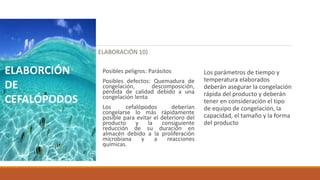 CONGELACIÓN (FASE DE ELABORACIÓN 10)
Posibles peligros: Parásitos
Posibles defectos: Quemadura de
congelación, descomposición,
pérdida de calidad debido a una
congelación lenta
Los cefalópodos deberían
congelarse lo más rápidamente
posible para evitar el deterioro del
producto y la consiguiente
reducción de su duración en
almacén debido a la proliferación
microbiana y a reacciones
químicas.
Los parámetros de tiempo y
temperatura elaborados
deberán asegurar la congelación
rápida del producto y deberán
tener en consideración el tipo
de equipo de congelación, la
capacidad, el tamaño y la forma
del producto
ELABORCIÓN
DE
CEFALÓPODOS
 