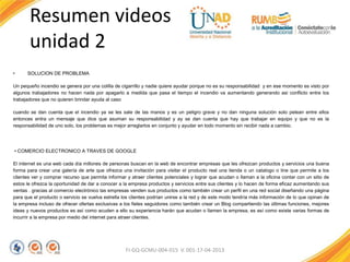 • SOLUCION DE PROBLEMA
Un pequeño incendio se genera por una colilla de cigarrillo y nadie quiere ayudar porque no es su responsabilidad y en ese momento es visto por
algunos trabajadores no hacen nada por apagarlo a medida que pasa el tiempo el incendio va aumentando generando asi conflicto entre los
trabajadores que no quieren brindar ayuda al caso
cuando se dan cuenta que el incendio ya se les sale de las manos y es un peligro grave y no dan ninguna solución solo pelean entre ellos
entonces entra un mensaje que dice que asuman su responsabilidad y ay se dan cuenta que hay que trabajar en equipo y que no es la
responsabilidad de uno solo, los problemas es mejor arreglarlos en conjunto y ayudar en todo momento sin recibir nada a cambio.
• COMERCIO ELECTRONICO A TRAVES DE GOOGLE
El internet es una web cada día millones de personas buscan en la web de encontrar empresas que les ofrezcan productos y servicios una buena
forma para crear una galería de arte que ofrezca una invitación para visitar el producto real una tienda o un catalogo o line que permite a los
clientes ver y comprar recurso que permita informar y atraer clientes potenciales y lograr que acudan o llaman a la oficina contar con un sitio de
estos le ofrezca la oportunidad de dar a conocer a la empresa productos y servicios entre sus clientes y lo hacen de forma eficaz aumentando sus
ventas . gracias al comercio electrónico las empresas venden sus productos como también crear un perfil en una red social diseñando una página
para que el producto o servicio se vuelva estrella los clientes podrían unirse a la red y de este modo tendría más información de lo que opinan de
la empresa incluso de ofrecer ofertas exclusivas a los fieles seguidores como también crear un Blog compartiendo las últimas funciones, mejores
ideas y nuevos productos es así como acuden a ello su experiencia harán que acudan o llamen la empresa, es así como existe varias formas de
incurrir a la empresa por medio del internet para atraer clientes.
FI-GQ-GCMU-004-015 V. 001-17-04-2013
Resumen videos
unidad 2
 