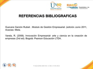 REFERENCIAS BIBLIOGRAFICAS
FI-GQ-GCMU-004-015 V. 001-17-04-2013
Guevara Garzón Rubiel . Modulo de Gestión Empresarial .(edición Junio 2011,
Acacias- Meta.
Varela, R. (2008). Innovación Empresarial- arte y ciencia en la creación de
empresas (3rd ed). Bogotá: Pearson Educación LTDA.
 