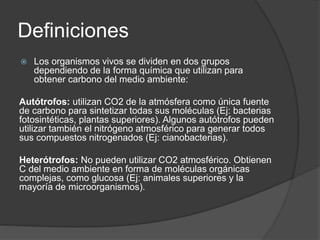 Definiciones
 Los organismos vivos se dividen en dos grupos
dependiendo de la forma química que utilizan para
obtener carbono del medio ambiente:
Autótrofos: utilizan CO2 de la atmósfera como única fuente
de carbono para sintetizar todas sus moléculas (Ej: bacterias
fotosintéticas, plantas superiores). Algunos autótrofos pueden
utilizar también el nitrógeno atmosférico para generar todos
sus compuestos nitrogenados (Ej: cianobacterias).
Heterótrofos: No pueden utilizar CO2 atmosférico. Obtienen
C del medio ambiente en forma de moléculas orgánicas
complejas, como glucosa (Ej: animales superiores y la
mayoría de microorganismos).
 