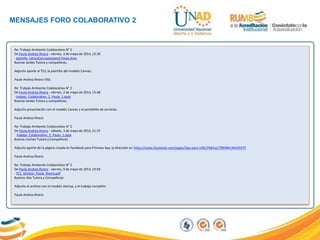 MENSAJES FORO COLABORATIVO 2
Re: Trabajo Ambiente Colaborativo N° 2
De Paula Andrea Rivera - viernes, 2 de mayo de 2014, 15:30
plantilla_LienzoCanvasespanol-Paula.docx
Buenas tardes Tutora y compañeras,
Adjunto aporte al TC2, la plantilla del modelo Canvas.
Paula Andrea Rivera Villa
Re: Trabajo Ambiente Colaborativo N° 2
De Paula Andrea Rivera - viernes, 2 de mayo de 2014, 15:48
trabajo_Colaborativo_2_Paula_1.pptx
Buenas tardes Tutora y compañeras,
Adjunto presentación con el modelo Canvas y el portafolio de servicios.
Paula Andrea Rivera
Re: Trabajo Ambiente Colaborativo N° 2
De Paula Andrea Rivera - sábado, 3 de mayo de 2014, 21:37
trabajo_Colaborativo_2_Paula_1.pptx
Buenas noches Tutora y Compañeras
Adjunto aporte de la página creada en facebook para Princess Spa, la dirección es: https://www.facebook.com/pages/Spa-para-ni%C3%B1as/789384144419375
Paula Andrea Rivera
Re: Trabajo Ambiente Colaborativo N° 2
De Paula Andrea Rivera - viernes, 9 de mayo de 2014, 10:58
TC2_Gestion_Paula_Rivera.pdf
Buenos días Tutora y Compañeras
Adjunto el archivo con el modelo startup, y el trabajo completo
Paula Andrea Rivera
 