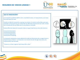 RESUMEN DE VIDEOS UNIDAD 1
QUE ES INNOVACIÓN?
La innovación la podemos definir como un producto nuevo, un nuevo proceso, una nueva
forma de hacer las cosas.
Cuando se habla de innovación, es porque nos vienen a la mente muchas ideas, pero para
entender la innovación hay que comprender las diferentes maneras de crear valor a través
de la introducción de esas ideas sea en una empresa o mercado.
Existen diferentes tipos de innovación, todos con igual importancia; entre ellas tenemos:
Innovación de producto
Innovación de procesos
Innovación Organizativa
Innovación de marketing
La innovación representa un paso adelante de todas las dimensiones de un negocio que se
proyecta hacia un futuro. la innovación es la creación de valor de algo nuevo para una
empresa dentro del mercado.
“Innovar es un buen negocio, hazlo desarrolla tu idea.”
 
