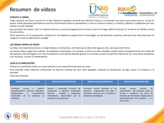 Resumen de videos
ATREVETE A SOÑAR.
Todos tenemos una línea o camino en la vida, dejando el pasado y teniendo por delante el futuro, no teniendo muy claro lo que quiero pero si lo que no
quiero. Desde pequemos aprendemos muchos conocimientos pero no aprendemos a creer en nosotros mismos, si creemos, soñamos y trabajamos por esos
sueños se harán realidad.
Hay que dejar los miedos, creer en nosotros mismos, yo soy el protagonista de mi vida, lo que yo no haga nadie lo hará por mi. Al vencer los miedos crecerá
mi auto estima.
Tener paciencia con mi preparación, confianza en mis objeticos, preparar bien mi estrategia, ser perseverante y positivo, permitirá que antes delo que me
imagino mi suelo se habrá hecho realidad.
¿DE DONDE VIENEN LAS IDEAS?
Las ideas mas importantes toman un largo tiempo en evolucionar, solo hasta que la idea tiene algunos años para que tome forma.
Las buenas ideas surgen de la colisión de pequeñas corazonadas y no siempre se tiene una idea completa, puede incluso complementarse con la idea de
otra persona. Hemos llegado a ser mas innovadores en las últimas décadas gracias a la internet, ya que nos permite interactuar con otras ideas semejantes
a las muestras y armar el rompecabezas.
¿QUÉ ES LA INNOVACIÓN?
Innovar es un producto nuevo, un nuevo proceso o una nueva forma de hacer las cosas.
Para entender mejor debemos comprender las diversas maneras de crear valor agregado mediante la introducción de algo nuevo a la empresa o al
mercado.
Tipos de innovación.
FI-GQ-GCMU-004-015 V. 001-17-04-2013
INNOVACION DE PRODUCTO INNOVACION DE PROCESOS INNOVACION ORGANIZATIVA INNOVACION DE MARKETING
Introduce nuevas o mejores
especificaciones técnicas, materiales,
componentes y características
funcionales de un producto ya
existente.
Nuevos o mejorados procesos de
producción o logística, empleando
técnicas , equipos y programas
informáticos, desarrollado por la
empresa o una particular.
Introduce nuevos métodos en las
practicas , organización del lugar o
relaciones externas de la empresa y
decisiones estratégicas.
Incluye nuevos diseños de
presentación del producto como el
envase o envoltura, así como los
métodos de distribución. Mejorando el
posicionamiento del producto y su
promoción.
 