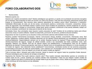 FORO COLABORATIVO DOS
• Buenas tardes,
Relaciono aporte uno.
Quienes son nuestros proveedores clave? Aliados estratégicos que generan un aporte con la prestación de servicios escogidos
por la empresa. Para evaluarlos se dará una reunión con corte a los primero 7 días del mes incluyendo cotizaciones previas para
evaluar su funcionamiento. Que recursos clave estamos adquiriendo de nuestros socios clave? Dinamismo y motivación,
habilidades diferenciales de cada uno de las socias, comunicación asertiva y constructiva, innovación, compromiso, tiempo,
visión de negociante. Que actividades realizan nuestros socios clave? Análisis de competencia, resolver problemas en conjunto,
equilibrar diferencias, entregar su conocimiento, trabajo igual, aporte monetario, contribución a las buenas utilidades, trabajo con
ética y en sociedad, coordinación de metas para el alcance de las mismas.
Actividades Clave. Que actividades clave requiere nuestra propuesta de valor? Análisis de los problemas dados para ofrecer
soluciones únicas a nuestros afiliados. Gestión de desarrollo y promoción de servicios, problema-solución-beneficio.
Diagnosticar tan bien al paciente que se disuelva el dolor previniendo además enfermedades futuras crónicas.
Nuestros canales? Herramientas tecnologías, internet, comunicación directa, facilidad, conocimiento, información veraz, fácil
acceso, fidelización, contacto asertivo. Nuestras relaciones con los clientes? Eficaz-resolviendo sus necesidades. Comunicación
continua-fidelizando. Integra-hablando siempre con la verdad. Nuestras fuentes de ingresos? Propia (socias), movimiento de
clientes-crecimiento del negocio, margen de utilidad rentable, acorde a las necesidades del medio, publicidad, venta, valor
agregado. Relación con Clientes. Qué tipo de relación espera que establezcamos y mantengamos cada uno de nuestros
segmentos de clientes? Propicia para generar valor tanto en clientes como en proveedores para mantener un círculo creciente en
el modelo de negocio. Que relaciones hemos establecido? Comunicativas, coordinada acorde con las acciones propuestas,
encaminadas al encuentro de todas las oportunidades. Cuan costosas son? Accequibles para el merado en general propiciando
un servicio diferenciador. Como se integran con el resto de nuestro modelo de negocio?
Todo el proceso debe ir alineado para poder funcionar, desde la creación del negocio hasta los propósitos finales alcanzar.
Procesos estratégicos para el alcance de ventajas competitivas.
Segmentos De Clientes Para quién estamos creando valor? Para nuestro mercado meta-clientes quienes se convierten en
nuestra razón de ser y actuar. Quienes son nuestros clientes más importantes? Todos los que integran nuestro modelo de
negocio; desde el que tiene un síntoma fácil de manejar hasta el que se puede volver crónico; desde el que paga lo mínimo hasta
el que contribuye de forma máxima con las utilidades.
FI-GQ-GCMU-004-015 V. 001-17-04-2013
 