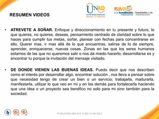 RESUMEN VIDEOS
• ATREVETE A SOÑAR. Enfoque y direccionamiento en tu presente y futuro, lo
que quieres, no quieres, deseas, pensamiento centrado de claridad sobre lo que
haces para cumplir tus metas, soñar, planear con fechas para concentrarse en
ello. Querer mas, ir mas allá de lo que encuentras, salirse de lo de siempre,
aprender, enriquecerse, nuevas cosas. Zonas en las que los seres humanos
estamos de las que no queremos salir o nos da miedo hacerlo; desarrollarse es y
encontrar tu porque la invitación del mensaje visitado.
• DE DONDE VIENEN LAS BUENAS IDEAS. Puedo decir que nos describen
como el interés por desarrollar algo, encontrar solución , nos lleva a pensar sobre
que necesidad tengo de crear un bien o un servicio; trabajarla, madurarla,
manifestarla, utilizar lo que veo en mi y en los demás para fortalecerla haciendo
que una idea o un proyecto sea benéfico no solo para mi sino también para la
sociedad.
FI-GQ-GCMU-004-015 V. 001-17-04-2013
 