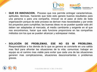 • QUE ES INNOVACION. Proceso que nos permite entregar características,
aptitudes, técnicas, haciendo que todo esto genere buenos resultados para
una persona o para una compañía, innovar es el paso al éxito de toda
organización porque de este proceso se derivan mas necesidades y por ende
los proyectos para cumplirlas; las buenas ideas no se pueden quedar solo ahí
deben ser adaptadas al mercado, al medio cambiante y exigente en el que
nos encontramos, hacer que esto funcione proporciona en las compañías
métodos con los que se pueden alcanzar y sobrepasar metas.
• SOLUCIÓN DE PROBLEMAS, ESE NO ES MI PROBLEMA.
Responsabilizar a los demás de lo que se genera se convierte en una salida
mas fácil para afrontar las situaciones de la vida; comunicar, trabajar en
equipo es el camino mas viable para evitar que cada una de las situaciones
generen mas complicaciones, situaciones desconcertantes o problemas
graves.
FI-GQ-GCMU-004-015 V. 001-17-04-2013
 
