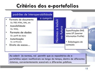 Critérios dos e-portefolios Formato de documento  Ex: PDF, HTML, XML, etc Acessibilidade  Ex: WAI), Formato de dados Ex: perfil de aluno Autenticação  Ex: certificados Direito de acesso… Ao aderir  às normas, vai  permitir que os repositórios de e-portefólios sejam reutilizáveis ao longo do tempo, dentro de diferentes sistemas, convenientemente acessíveis a diferentes públicos. Normas a incluir no futuro Especificações EMS como LIP (Learner Information Profile) Embalagens de conteúdo padrões de interoperabilidade a cumprir : 