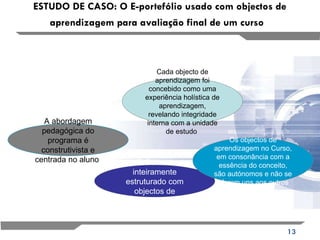 ESTUDO DE CASO: O E-portefólio usado com objectos de aprendizagem para avaliação final de um curso   A abordagem pedagógica do programa é construtivista e centrada no aluno  O Curso é  inteiramente estruturado com objectos de aprendizagem  Os objectos de aprendizagem no Curso, em consonância com a essência do conceito, são autónomos e não se referem uns aos outros  Cada objecto de aprendizagem foi concebido como uma experiência holística de aprendizagem, revelando integridade interna com a unidade de estudo   