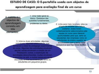 ESTUDO DE CASO: O E-portefólio usado com objectos de aprendizagem para avaliação final de um curso   A maioria dos objectos de aprendizagem consistiu em três elementos:  3. Uma ou duas actividades, algumas individuais, algumas colaborativas, que formavam a base da pedagogia experimental do curso. Algumas das actividades envolviam escrita; outras envolviam a criação de um Powerpoint, outras, a exploração de tecnologias desconhecidas, muitas envolviam a pesquisa na web, e outras baseavam-se na discussão on-line ou a interacção entre os estudantes em pequenos grupos. 2. Links para mais recursos, sites ou artigos de revistas para leitura posterior. Estes foram cuidadosamente seleccionados pela equipe do curso para oferecer oportunidades para que, tanto os estudantes das empresas como os estudantes de ensino superior se envolvessem com o tema numa perspectiva que lhes fosse familiar.  1. Uma visão geral do tópico. Destaque das questões fundamentais, problemas ou ideias.   