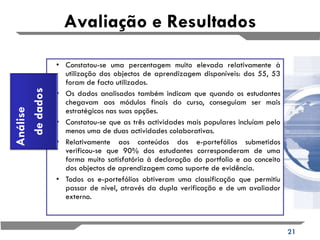 Constatou-se uma percentagem muito elevada relativamente à utilização dos objectos de aprendizagem disponíveis: dos 55, 53 foram de facto utilizados.  Os dados analisados também indicam que quando os estudantes chegavam aos módulos finais do curso, conseguiam ser mais estratégicos nas suas opções.  Constatou-se que as três actividades mais populares incluíam pelo menos uma de duas actividades colaborativas.  Relativamente aos conteúdos dos e-portefólios submetidos verificou-se que 90% dos estudantes corresponderam de uma forma muito satisfatória à declaração do portfolio e ao conceito dos objectos de aprendizagem como suporte de evidência.  Todos os e-portefólios obtiveram uma classificação que permitiu passar de nível, através da dupla verificação e de um avaliador externo. Avaliação e Resultados Análise  de dados 