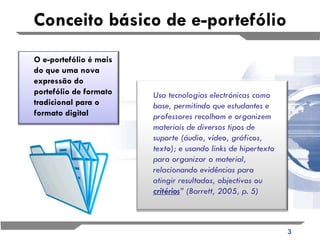 Conceito básico de e-portefólio Usa tecnologias electrónicas como base, permitindo que estudantes e professores recolham e organizem materiais de diversos tipos de suporte (áudio, vídeo, gráficos, texto); e usando links de hipertexto para organizar o material, relacionando evidências para atingir resultados, objectivos ou  critérios ” (Barrett, 2005, p. 5) O e-portefólio é mais do que uma nova expressão do portefólio de formato tradicional para o formato digital 