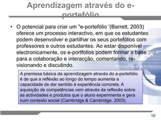 Aprendizagem através do e-portefólioO potencial para criar um "e-portefólio '(Barrett, 2003) oferece um processo interactivo, em que os estudantes podem desenvolver e partilhar os seus portefólios com professores e outros estudantes. Ao estar disponível electronicamente, os e-portfolios podem formar a base para a colaboração e interacção, comentando, re-visionando e discutindo.A premissa básica da aprendizagem através do e-portefólio é de que a reflexão ao longo do tempo aumenta a capacidade de dar sentido à experiência concreta. A aquisição de competências vem através da reflexão sobre as actividades e produtos que o aluno experimenta e gera num contexto social (Cambridge & Cambridge, 2003).