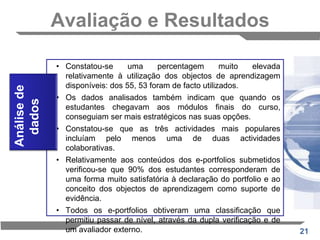 Avaliação e ResultadosA eficácia sobre a abordagem do e-portfolio foi avaliada de várias maneiras pela equipa envolvida no desenvolvimento e apresentação do curso:31 dos 41 alunos que concluíram o curso foram entrevistados por telefone e as suas observações foram registadas.Durante o curso, os alunos foram convidados a preencher um e-questionário, composto por várias questões abertas sobre as suas opiniões acerca da estrutura do curso, sobre a utilização de objectos de aprendizagem e as atitudes subjacentes às escolhas efectuadas.Foram analisados os dados estatísticos sobre a escolha dos alunos relativamente aos objectos de aprendizagem submetidos.Os e-portfolios foram lidos, duplamente verificados e analisados.Mensagens destinadas à avaliação final de curso e outros fóruns de discussão foram analisados.Foi solicitado feedback por parte dos tutores.Avaliação da eficácia do e.portfolio
