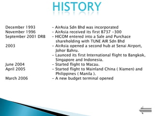 December 1993        – AirAsia Sdn Bhd was incorporated
November 1996        – AirAsia received its first B737 -300
September 2001 DRB   – HICOM entered into a Sale and Purchace
                       shareholding with TUNE AIR Sdn Bhd
2003                 - AirAsia opened a second hub at Senai Airport,
                       Johor Bahru.
                     - Launced its first International flight to Bangkok,
                       Singapore and Indonesia.
June 2004            - Started flight to Macau.
April 2005           - Started flight to Mainland China ( Xiamen) and
                       Philippines ( Manila ).
March 2006           - A new budget terminal opened
 