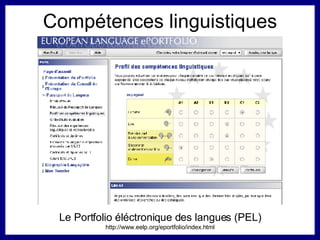 Compétences linguistiques Le Portfolio éléctronique des langues (PEL) http://www.eelp.org/eportfolio/index.html 