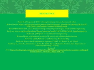 Aspin D & Chapman J. (2001) Lifelong learning: concepts, theories and values
Retrieved from: https://www.google.com.jm/webhp?sourceid=chrome_.instant&ion=1&espv=2&1e=UTf-
8#q=Aspin+andChapman+conceptaftlifelonglearning
Bath M.D. & Smith D. C. (n.d.) The relationship between Epistemological beliefs and lifelong leaning
Retrieved from: www.98.griffite.edu.au/dspace/bitstream/handle/10072/25646/56341_1.pdf?sequence=1
Berkeen S. (2004)How to run a brainstorming meeting
Retrieved from: scottberkun.com/essay/34-how-to-run-a-brainstorming-meeting
Bolton G. (2009) Reflective and Reflexivity: What and Why
Retrieved from: www,uk.sagepub.com/upm-data/32441_01_Bolton_3e_ch_01.pdf
Bradbury H., Frost N., Kilminister S., Zukas M. (2010) Beyond Reflective Practice: New Approaches to
Professional Lifelong Learning
Retrieved
from: https://books.google.com.jm/bods?ld=kynyfUwvXWEC&pg=beyond+reflective+practice+roufledge&
source=bl&ots=7t16Sys8NZ&Sig=ixnKY3xl
REFERENCE
 