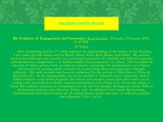 Re: Evidence of Engagement and Learningby Rose Gordon - Thursday, 29 January 2015,
11:46 PM
Hi Vidya,
After completing activity 1:7 which required the unscrambling of the names of the theorists,
I also came up with names such as Moon, Schon, Kolb, Reid, Dewey and Gibbs. My analysis
showed that although each theorist has a personal perspective of refection and reflective practice,
each perspective compliments / or further clarifies the perspectives of others. This is evident in
the case of Schon whose work on reflective practice epitomizes the characteristics of a theory
and practice of learning which is based on reconnecting ideas and experiences through
reflection. His early research was however influenced by the writing of John Dewey (Vince &
Reynolds n.d.). In the nursing field, one of the models of reflection most commonly cited in
Gibbs reflective cycle which proposes that theory and practice enrich each other with a never
ending cycle was built from Kolb's experiential learning cycle (Finlay n.d.). From this activity I
learnt that reflective practice has burgeoned over the last few decades throughout various field of
professional practice and education (Finlay n.d.). In addition I have learnt that learning,
transformation and empowerment are all critical themes in the discourse of reflective practice
and education (Unit 1, p.14).
SHARING WITH PEERS
 