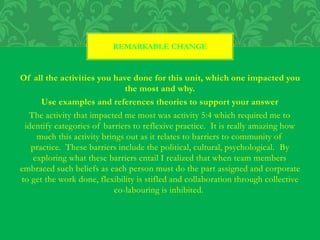 Of all the activities you have done for this unit, which one impacted you
the most and why.
Use examples and references theories to support your answer
The activity that impacted me most was activity 5:4 which required me to
identify categories of barriers to reflexive practice. It is really amazing how
much this activity brings out as it relates to barriers to community of
practice. These barriers include the political, cultural, psychological. By
exploring what these barriers entail I realized that when team members
embraced such beliefs as each person must do the part assigned and corporate
to get the work done, flexibility is stifled and collaboration through collective
co-labouring is inhibited.
REMARKABLE CHANGE
 