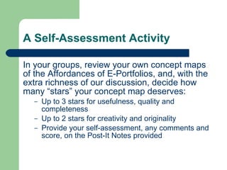 A Self-Assessment Activity

In your groups, review your own concept maps
of the Affordances of E-Portfolios, and, with the
extra richness of our discussion, decide how
many “stars” your concept map deserves:
   –   Up to 3 stars for usefulness, quality and
       completeness
   –   Up to 2 stars for creativity and originality
   –   Provide your self-assessment, any comments and
       score, on the Post-It Notes provided
 