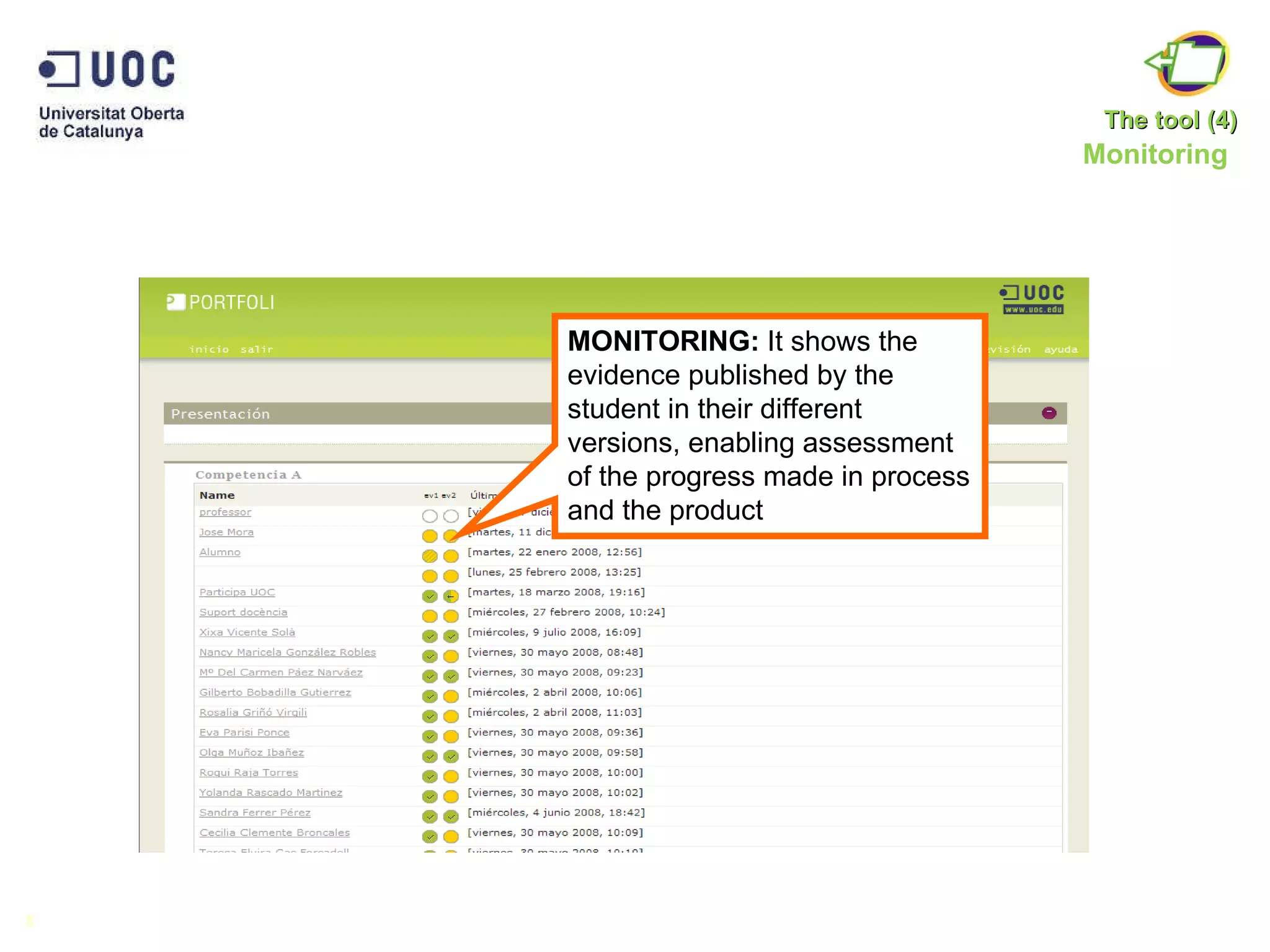 Monitoring 8 MONITORING:  It shows the evidence published by the student in their different versions, enabling assessment of the progress made in process and the product The tool (4) 
