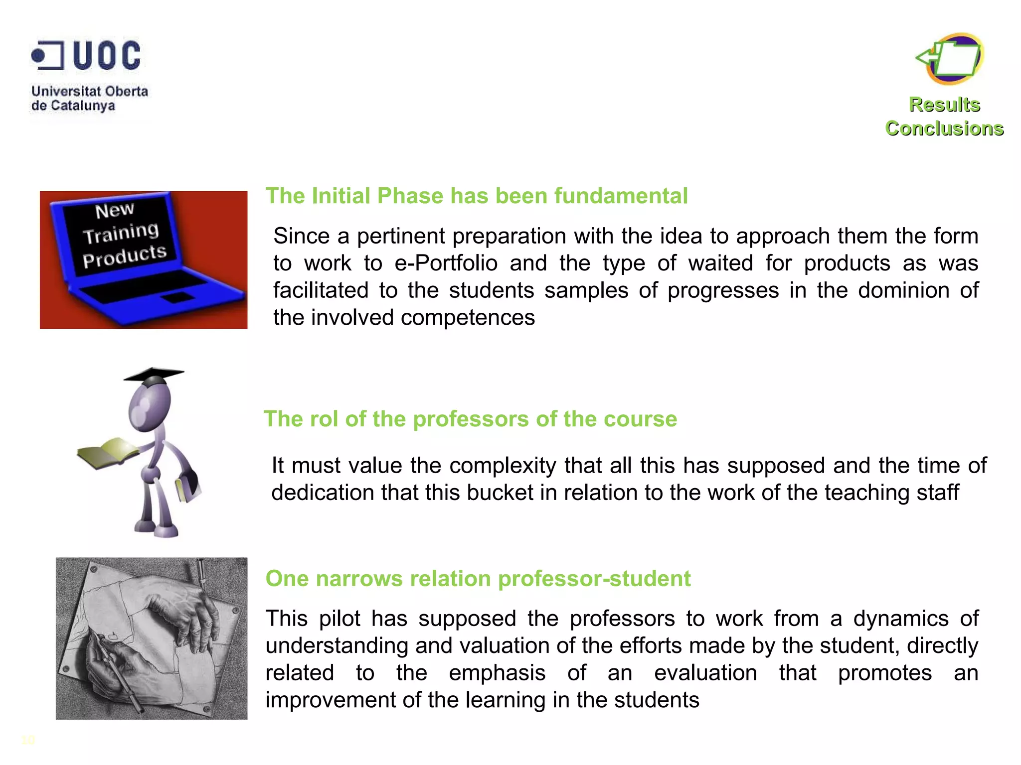 The Initial Phase has been fundamental The rol of the professors of the course One narrows relation professor-student 10 It must value the complexity that all this has supposed and the time of dedication that this bucket in relation to the work of the teaching staff Since a pertinent preparation with the idea to approach them the form to work to e-Portfolio and the type of waited for products as was facilitated to the students samples of progresses in the dominion of the involved competences This pilot has supposed the professors to work from a dynamics of understanding and valuation of the efforts made by the student, directly related to the emphasis of an evaluation that promotes an improvement of the learning in the students Results Conclusions 