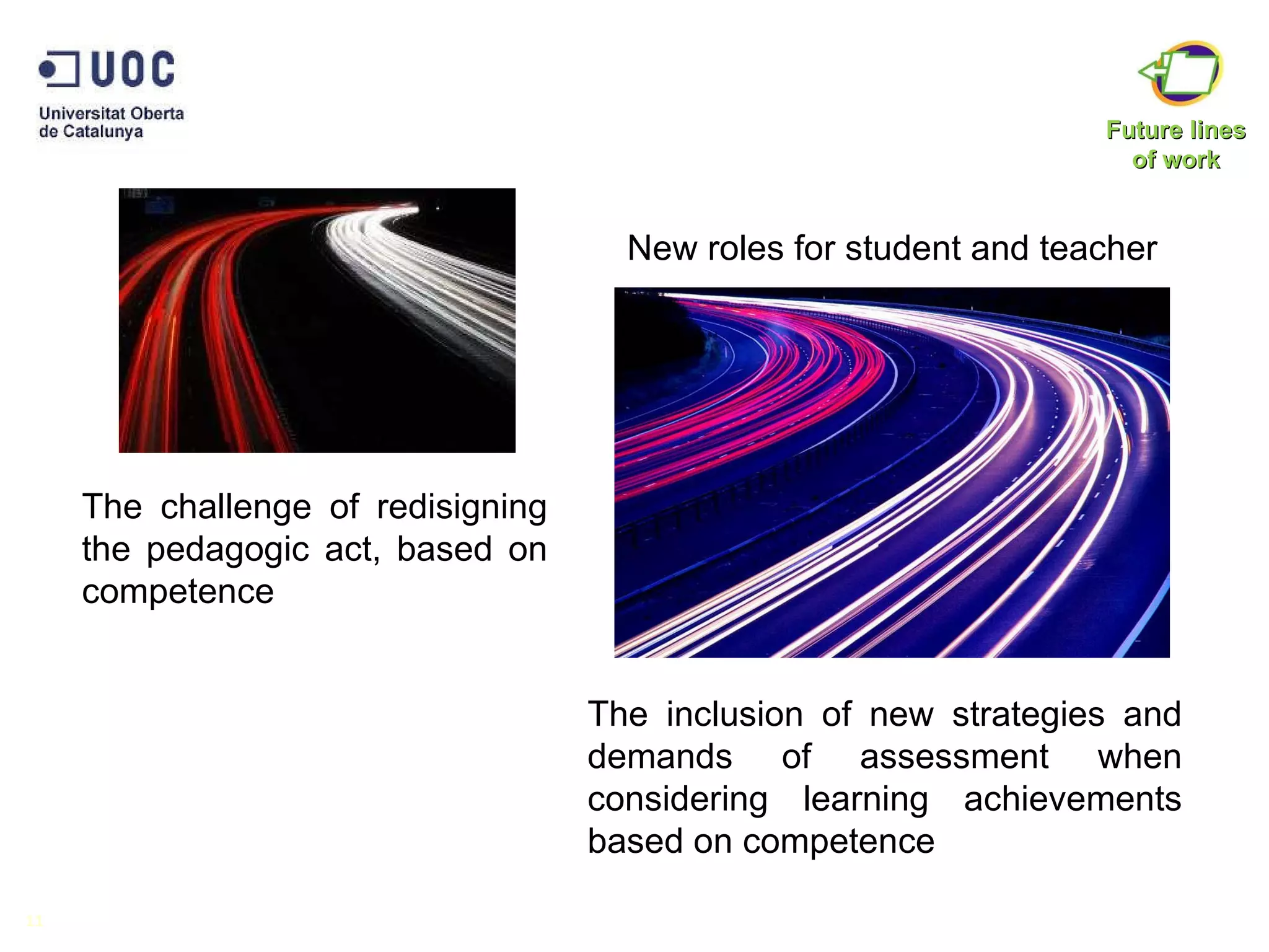 New roles for student and teacher The challenge of redisigning the pedagogic act, based on competence The inclusion of new strategies and demands of assessment when considering learning achievements based on competence 11 Future lines of work 
