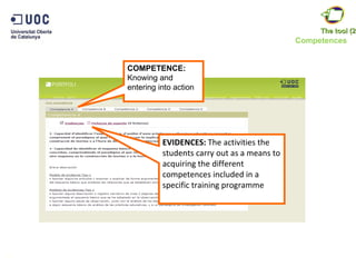 Competences 7 COMPETENCE:  Knowing and entering into action EVIDENCES:  The activities the students carry out as a means to acquiring the different competences included in a specific training programme  The tool (2) 