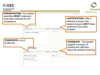 Monitoring 8 JUSTIFICATION:  After a reflective process,  t he student presents  WHY  these evidences have been choosen PRESENTATION:  The student describes  WHAT  evidences have been selected for this competence FEEDBACK:   The teacher suggest a process of constructive reflection about the student’s learning EVIDENCES:  List of evidences The tool (3) 
