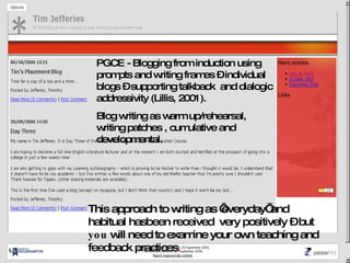PGCE - Blogging from induction using prompts and writing frames – individual blogs – supporting talkback  and dialogic add...