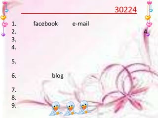 การวางแผนการเรียนวิชา ว302241.สมัคร facebookและ e-mail ให้เรียบร้อย2.นำหนังสือเรียนมาทุกชั่วโมงที่มีเรียนวิชาชีววิทยา43.ตั้งใจเรียนในห้อง4.พยายามค้นคว้าหาคู่มือและเอกสารต่างๆ เพื่อมาประกอบการเรียนให้อง5.ทำงานที่ครูมอบหมายให้ดีที่สุด เต็มความสามารถของตนเอง6. พยายามเข้า blog ของครูบ่อยๆ เพื่อติดตามกิจกรรมและทบทวนความรู้7. สอบถามเมื่อมีข้อสงสัย8. ไม่นำวิชาอื่นเข้ามาทำในชั่วโมง9. เปิดใจยอมรับสิ่งใหม่ๆ ที่จะได้จากวิชานี้ และยอมรับผลการเรียนที่ได้ตามความสามารถของตนเอง